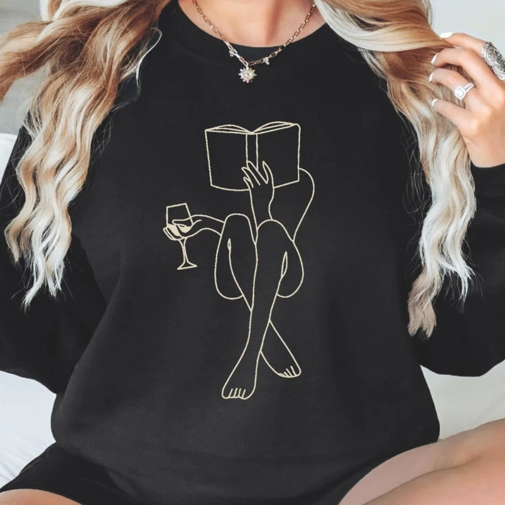 Felpa da lettura per donna Line Art, accogliente e casual amante dei libri, girocollo, pullover da donna, vita quotidiana, design semplice, abbigliamento, top unisex