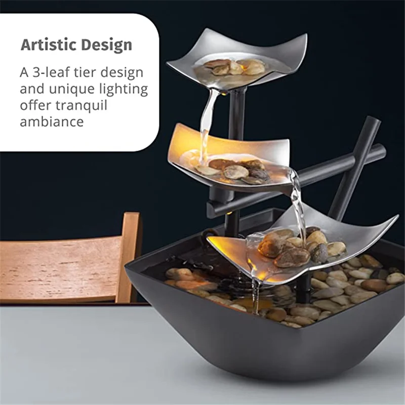 Indoor 3-Tier Relaxation Tabletop Fountain Automatic Pump Deep Basin With Natural River Rocks Reflective Lighting Feature