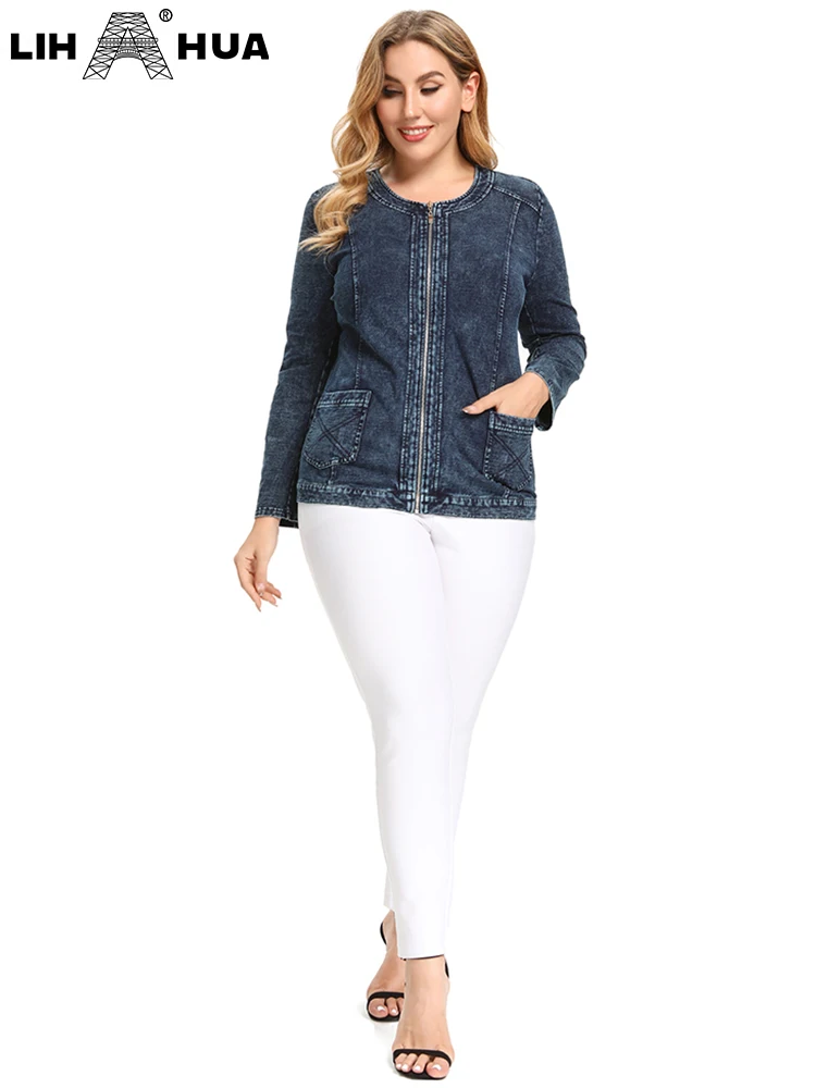 LIH HUA - Chaqueta vaquera de talla grande para mujer, informal, a la moda, con cremallera, vaquera de punto de algodón elástico