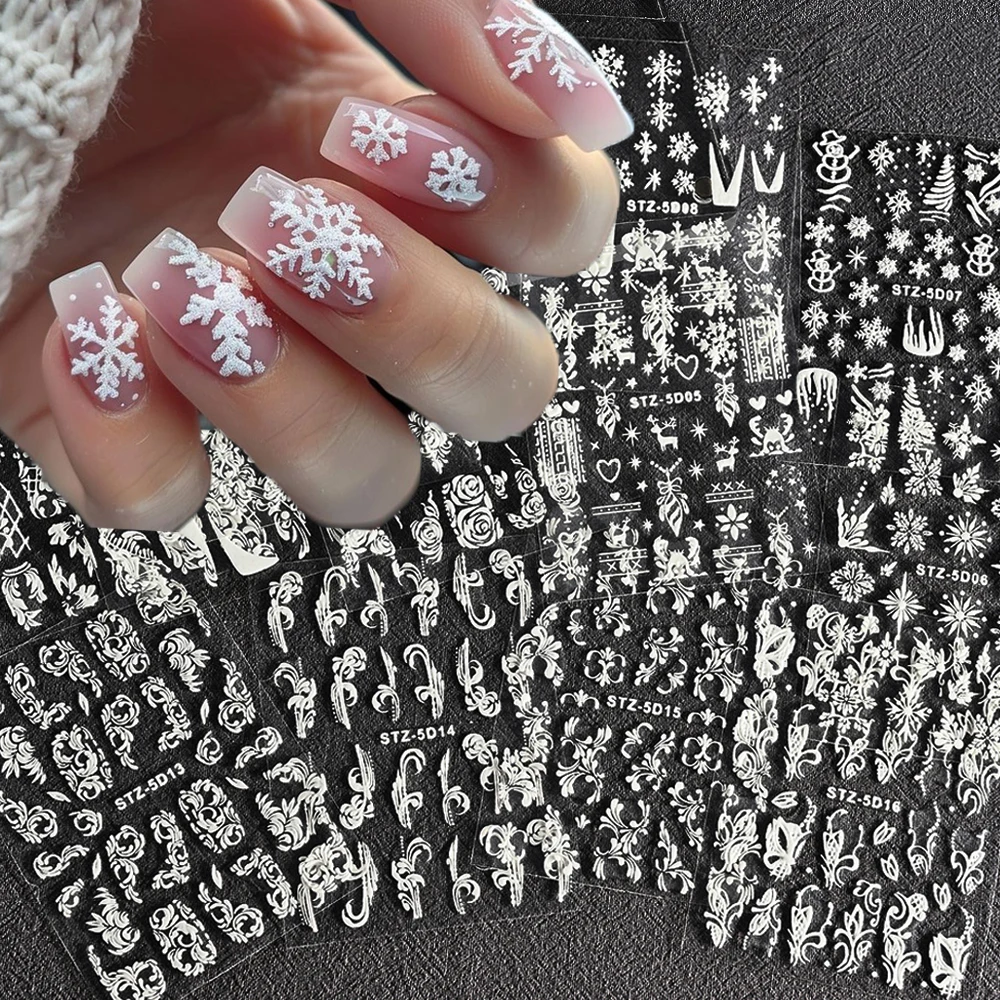 1Pcs 5D Christmas White Snowflakes/Flowers Nail Art Stickers Embossed Snowflakes Decal 8x6cm Self-Adhesive Xmas Snowflake Slider