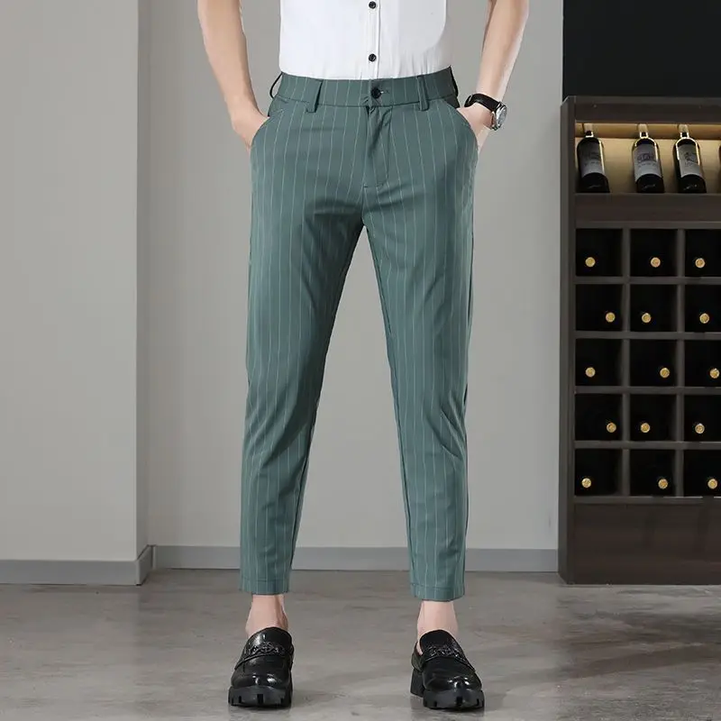 

Striped Slim Fit Men's 9 Cropped Suits Pants Luxury Elegant Spring Clothes High Quality Stylish Offer New in Male Suit Trousers