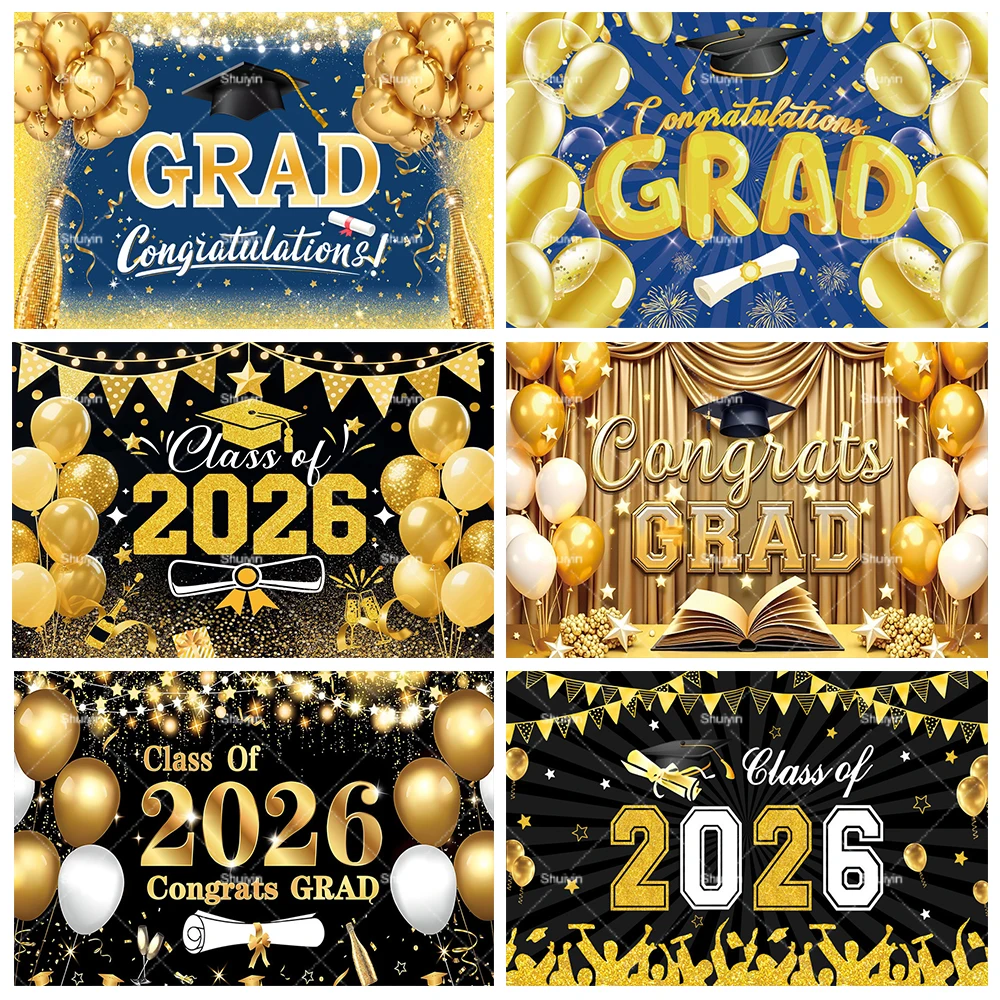 

Graduation Class Of 2026 Photography Backdrop Blue Gold Glitter Balloon Congrats Grad Graduation Party Decor Portrait Background