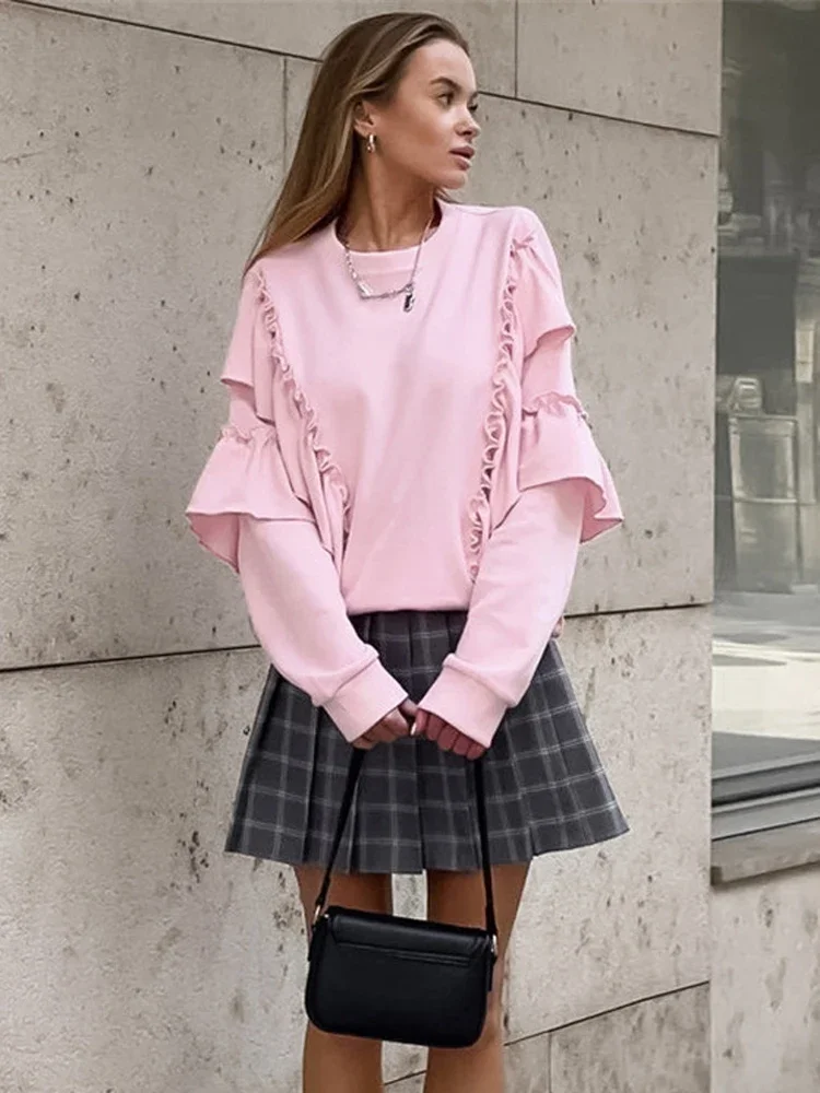 2025 Autumn Knit Ruffled Pullover Women's Patchwork Fashion Loose Solid High Waist Knitwear Sweatshirts Female Elegant Hoodies