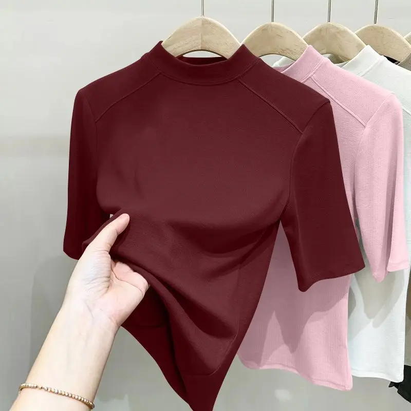 New Korean Summer Women's Slimming Top Comfortable Solid Color Fashion Mid Sleeve Slimming Basic Short Sleeve T-shirt