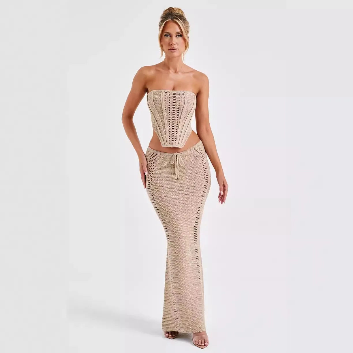 

Women Spring Summer Suits Hollow Out Skirt Set Crochet Long Sleeve Tie Up Crop Top Bodycon Knitted Long Skirt 2 Piece A388