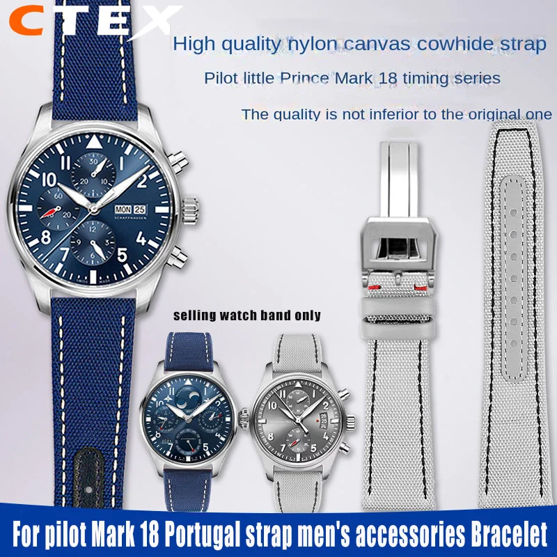For IWC PILOT Mark 18 Portugal wristband 20M 21MM 22MM Blue Nylon leather watch strap men wrist belt Breathable canvas watchband