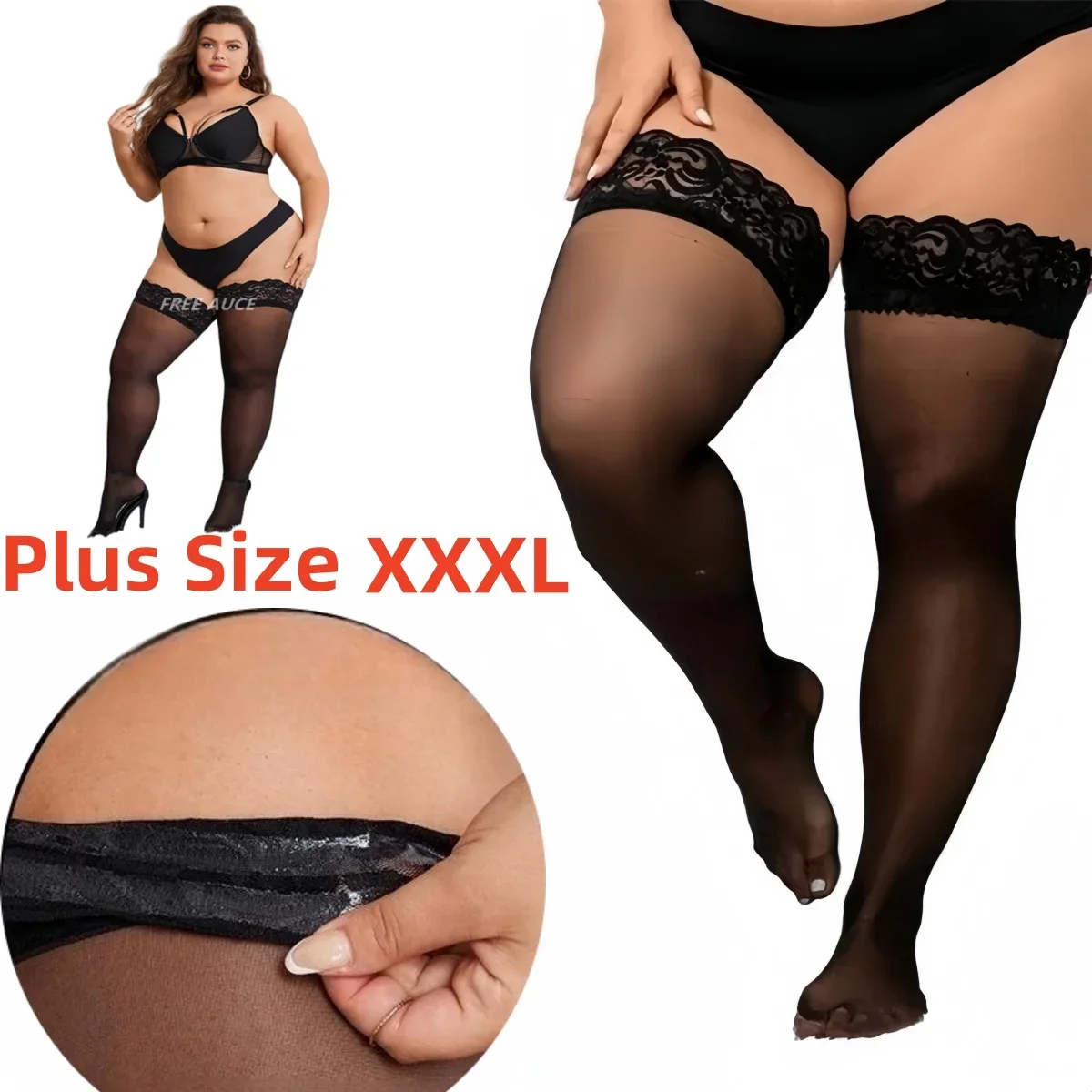 FREEAUCE Sexy Oversize Frauen Netzstrümpfe Spitze Kniestrümpfe Plus Size Sexy Oberschenkel Dünne Hohe Strümpfe mit Anti-Rutsch-Socke 3XL