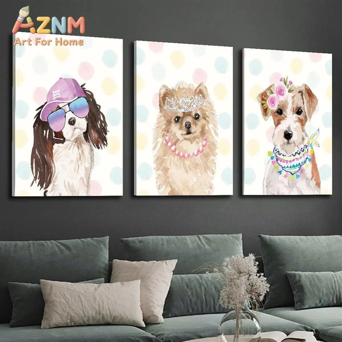 AZNM Cute Fashion Dog Canvas Wall Art Polka Dot Background Funny Pet Puppy Frameless Canvas Painting Kids Room Home Decor Poster