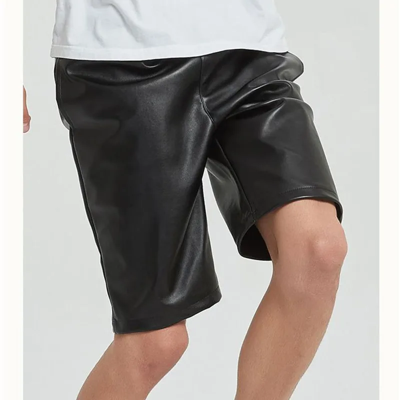 

New Men's Pu Pantshigh Shorts Men Waist Faux Leather Fashion Loose for Gym Sportswear Pu Man