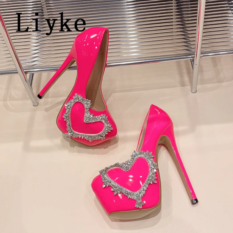 Liyke 2024 New Fashion Crystal Heart-Shaped Platform High Heels Women Pumps Sexy Party Club Stripper Pole Dance Shoes Stilettos