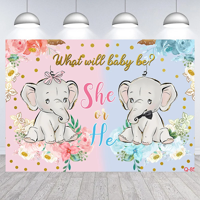 

Newborn Gender Reveal Elephant Party Boy Or Girl Photocall Baby Shower Backdrop Photography Background Decor Photo Studio Props