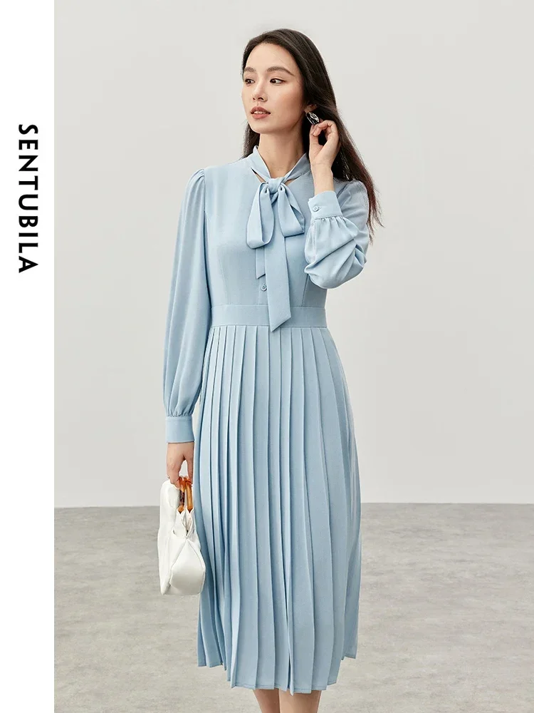 SENTUBILA Pleated Detail Dresses for Women 2024 Autumn Lace-up V Neck Retract Waist Elegant French Women Dress 144L56683