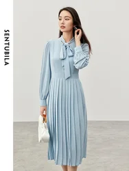 SENTUBILA Pleated Detail Dresses for Women 2024 Autumn Lace-up V Neck Retract Waist Elegant French Women Dress 144L56683