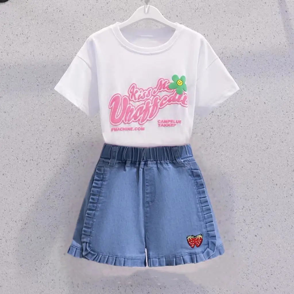 

Girls Summer Leisure Cotton Korean Style T-shirts+Denim Skirt Suits 2pcs 3-14 Years Kids Casual Daily Outifts Children Clothes