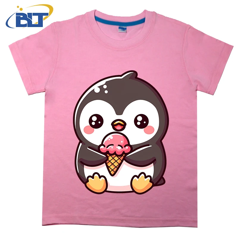 Pinguïn Met Ijs Bedrukt Kinder T-Shirt Zomer Puur Katoenen Casual Top Met Korte Mouwen Geschikt Voor Zowel Jongens Als Meisjes