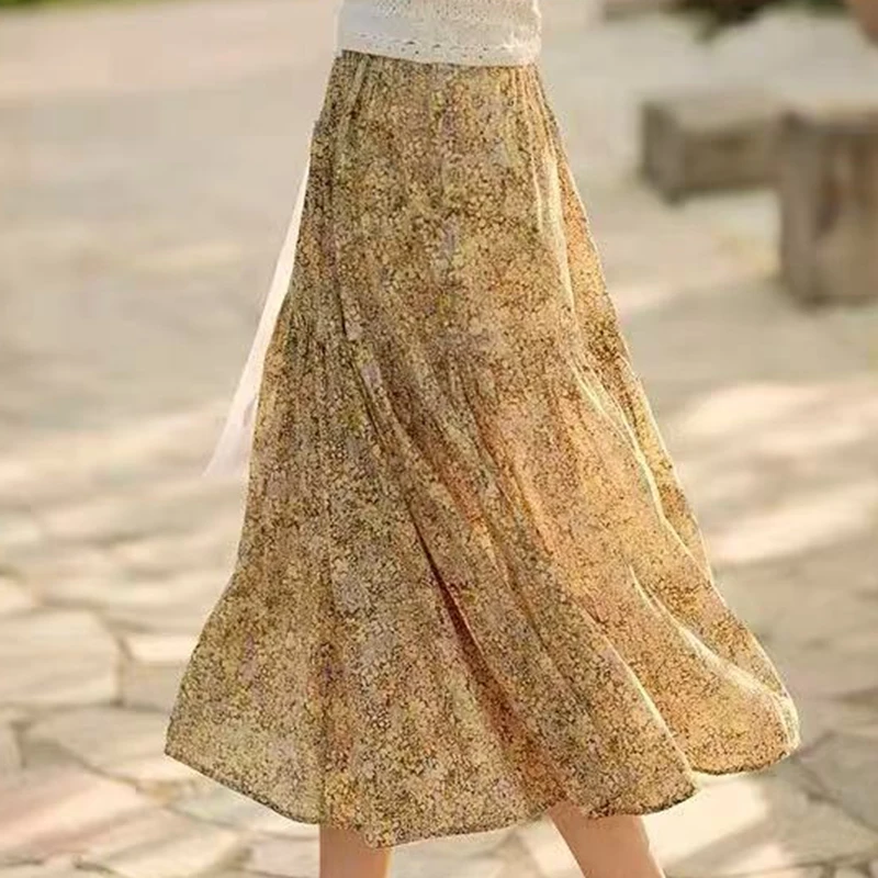 Boho Pure Cotton Ditsy Floral Tiered Maxi Skirt Women Elastic High Waist Pleated Casual A Line Long Skirt
