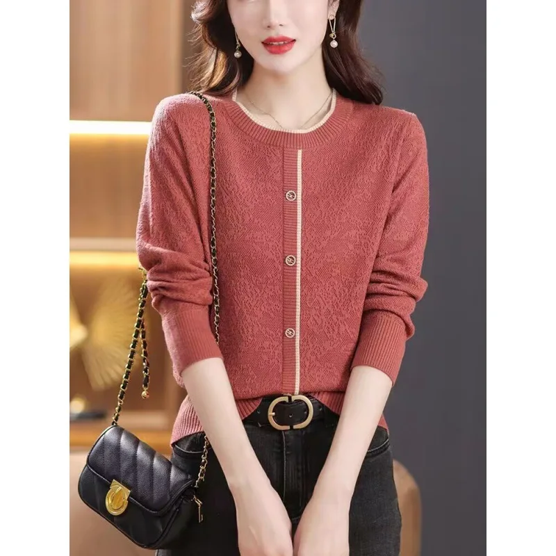 

Women's Autumn Winter Pullover Round Neck Solid Screw Thread Flocking Lace Button Lantern Long Sleeve Knitted Casual Slim Tops