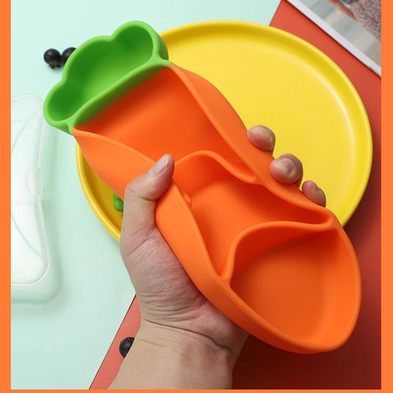 1PCS Children's Silicone Compartmentalized Dinner Plate, Carrot Shape Baby Tableware, Drop-proof Feeding Bowl with Suction Cups