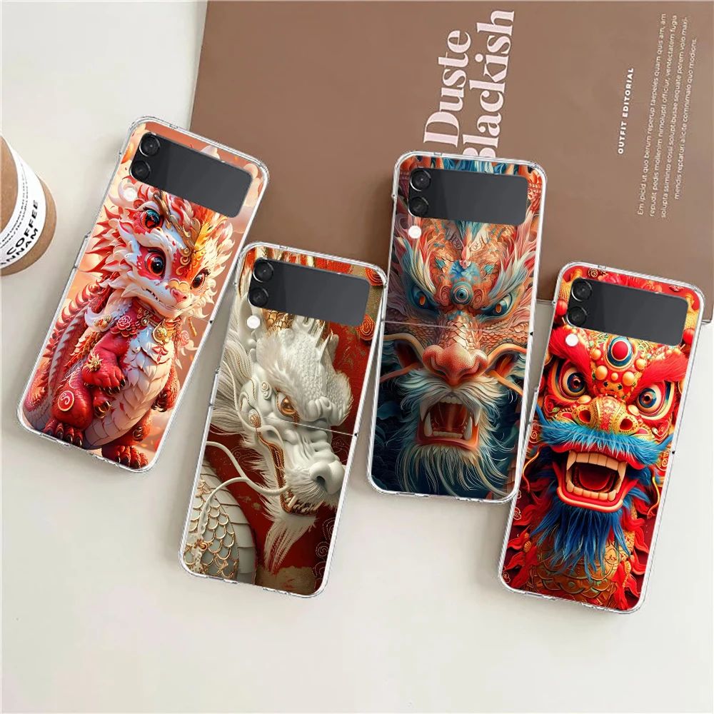 Phone Cover For Samsung Galaxy Z Flip 7 6 5 4 Case Transparent For Samsung Z Flip 3 Hard PC Foldable Shell Cartoon Dragon Capas