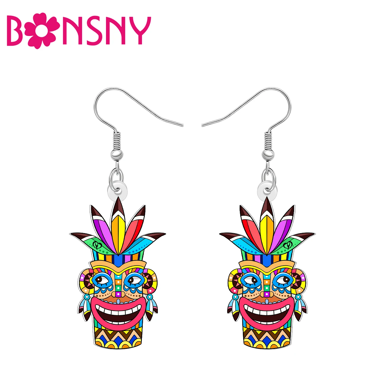 BONSNY Acrylic Boho Tribal Tiki Mask Earrings Colorful Polynesian Totem Face Dangle Hawaii Ethnic Jewelry Gifts For Women Teens