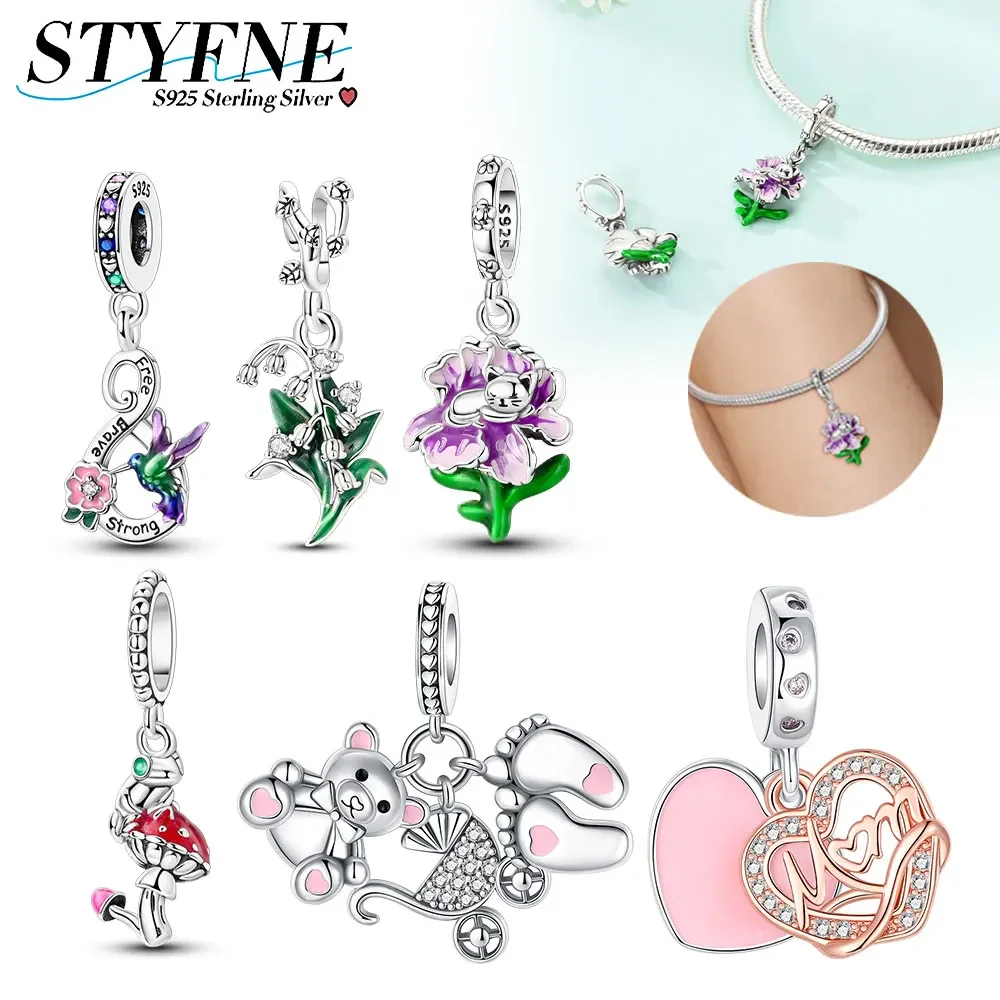 Sterling Silver 925  Flower Collection Lily of The Valley Iris Iris Hummingbird Power for Women Diy Bead Charm Fine Jewelry Gift