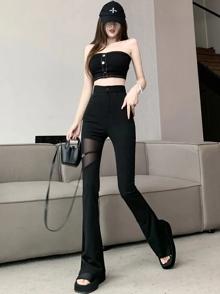 Sexy Black Mesh Patchwork High Waisted Flared Pants Chic Slim Women\'s Thin Trousers for Summer Korean Style