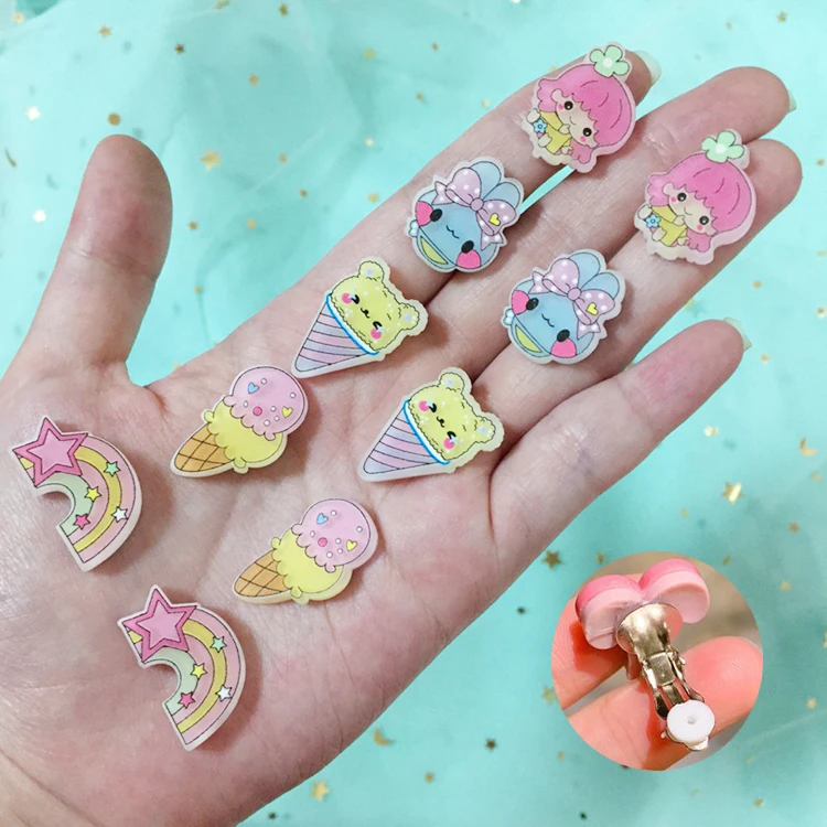 10pcs Cute Rainbow Cartoon Ice Cream Holeless Ear Clips for Girls Children Earrings Ear Pins Clip Earring Jewelry Accessories