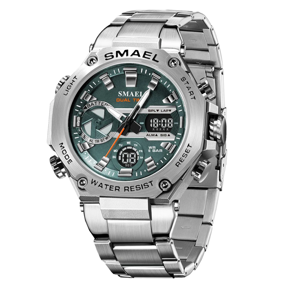 SMAEL Watch Men Top Brand Luxury Silver Stainless Steel Sport Male Clock Digital Analog Quartz Military Waterproof Wristwatches