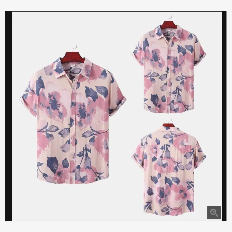 

Men's Casual irt Stand Fit Pink Hawaiian Summer ort Sve Waed Youthful Floral Print Iron-Free All-Season Clothing