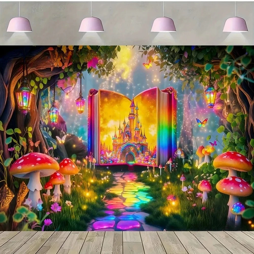 

Fantasy Fairy Tale Forest Mushroom Butterfly Theme Banner Background, Children's Birthday Party Decoration Photography Backdrop