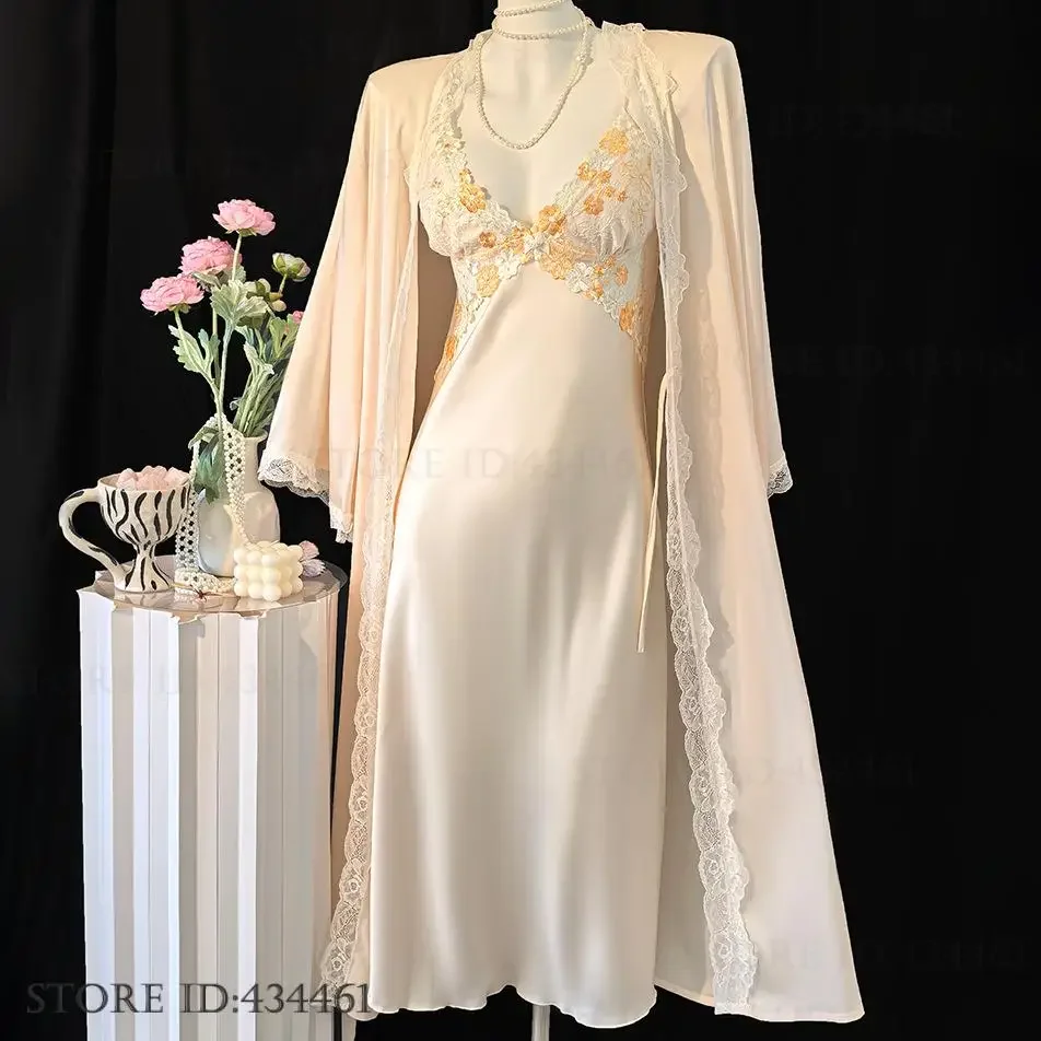 

Элегантное кимоно, халат, сексуальная лоскутная кружевная ночная рубашка, шелковистая атласная женская длинная двойная рубашка, комплект домашней одежды, ночная рубашка, нижнее белье