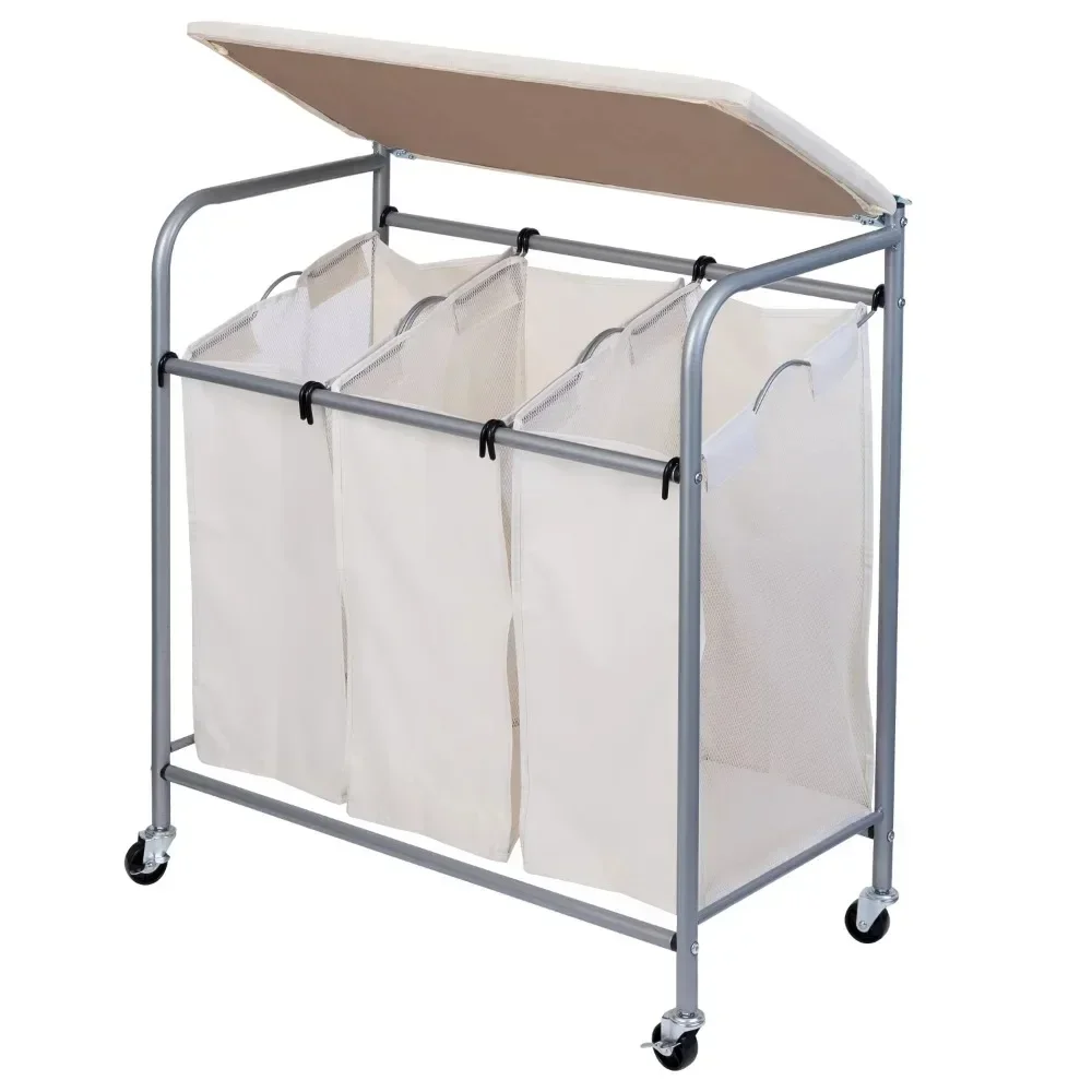 

3 Bag Steel Rolling Laundry Sorter With Ironing Board Top, Silver/Natural