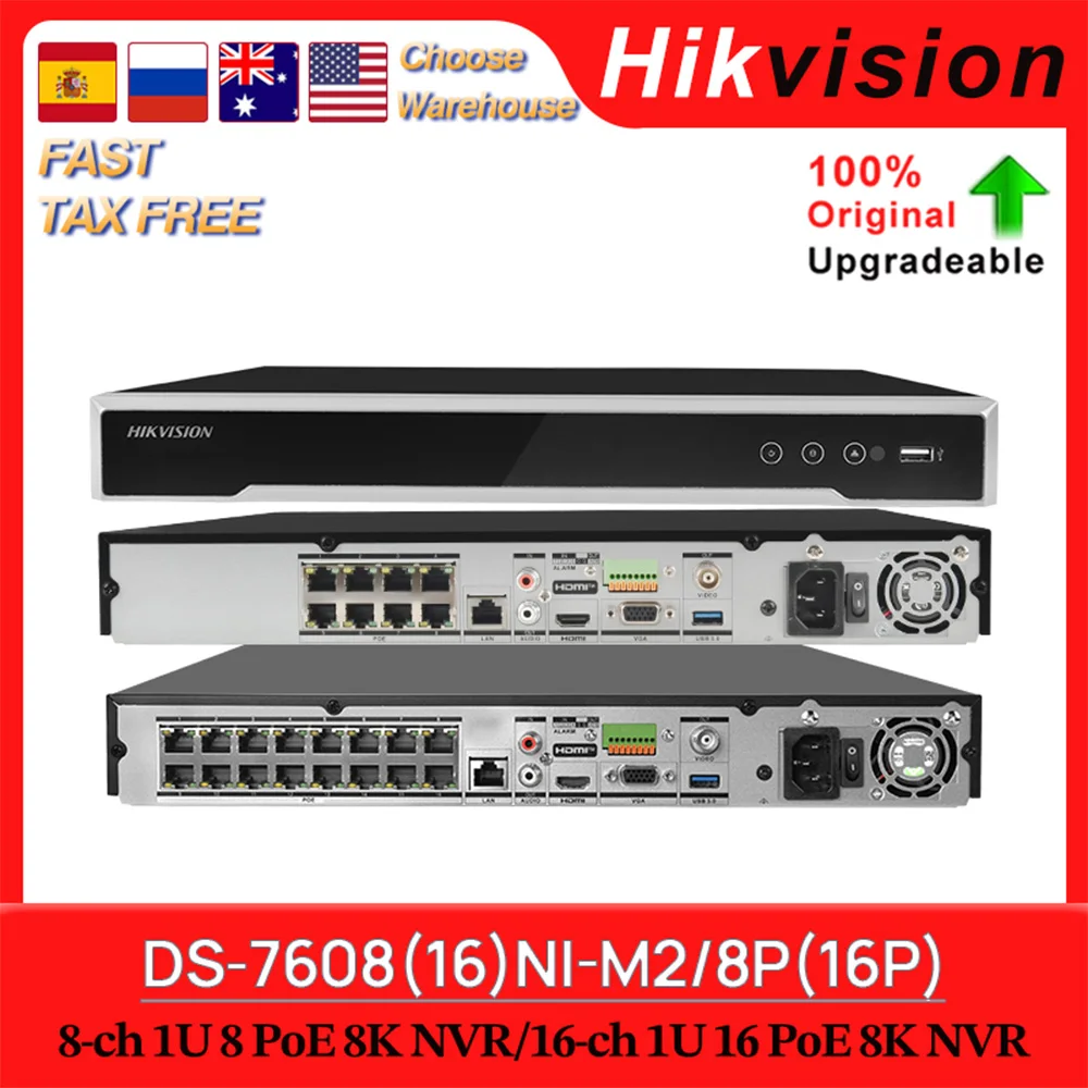 Videoregistratore di rete originale Hikvision DS-7608NI-M2/8P DS-7616NI-M2/16P 8 canali/16 canali 1U 8/16 PoE 8K 32MP NVR 2SATA per la sicurezza