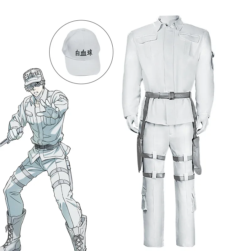 

Anime Cells at Work! Neutrophil Uniform Hataraku Saibou White Blood Cell Cosplay Costume wig Coat Pants Belt Hat Golves Set