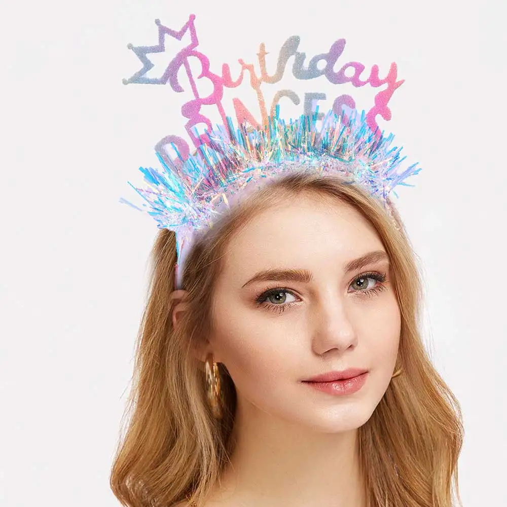 Shiny Princess Happy Birthday Headband Girls Birthday Decoration Crown Hat Hair Hoops Party Decoration Women Hair Accessory