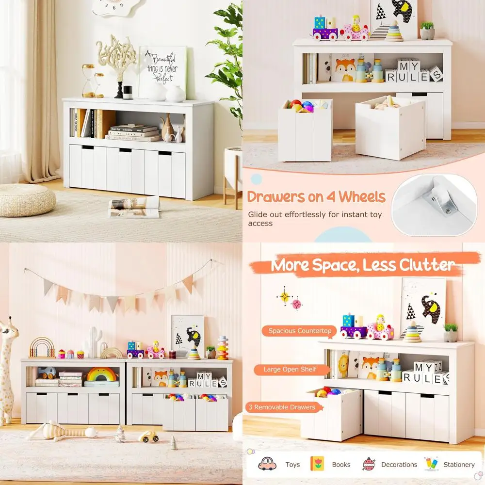 

Деревянный 3-ярусный мобильный органайзер для хранения с выдвижными ящиками на колесиках, белый, идеально подходит для детских игрушек, игровых комнат, детских садов и жилых помещений