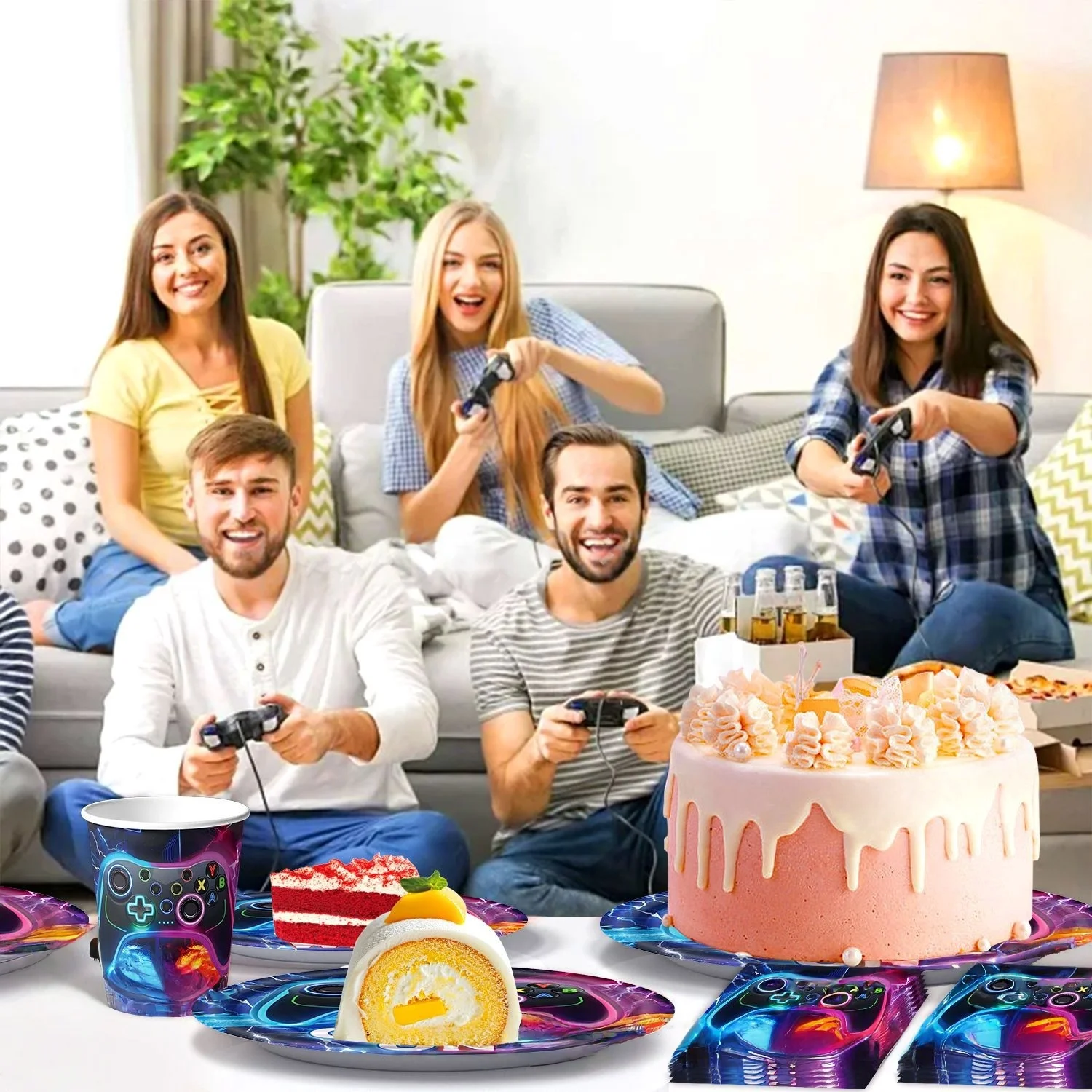 Geschirrset mit Spielkonsolen-Motiv für Partys, mit Tellern, Servietten und Bechern, Partyzubehör, Dekoration für Geburtstagsfeiern – Detail 3