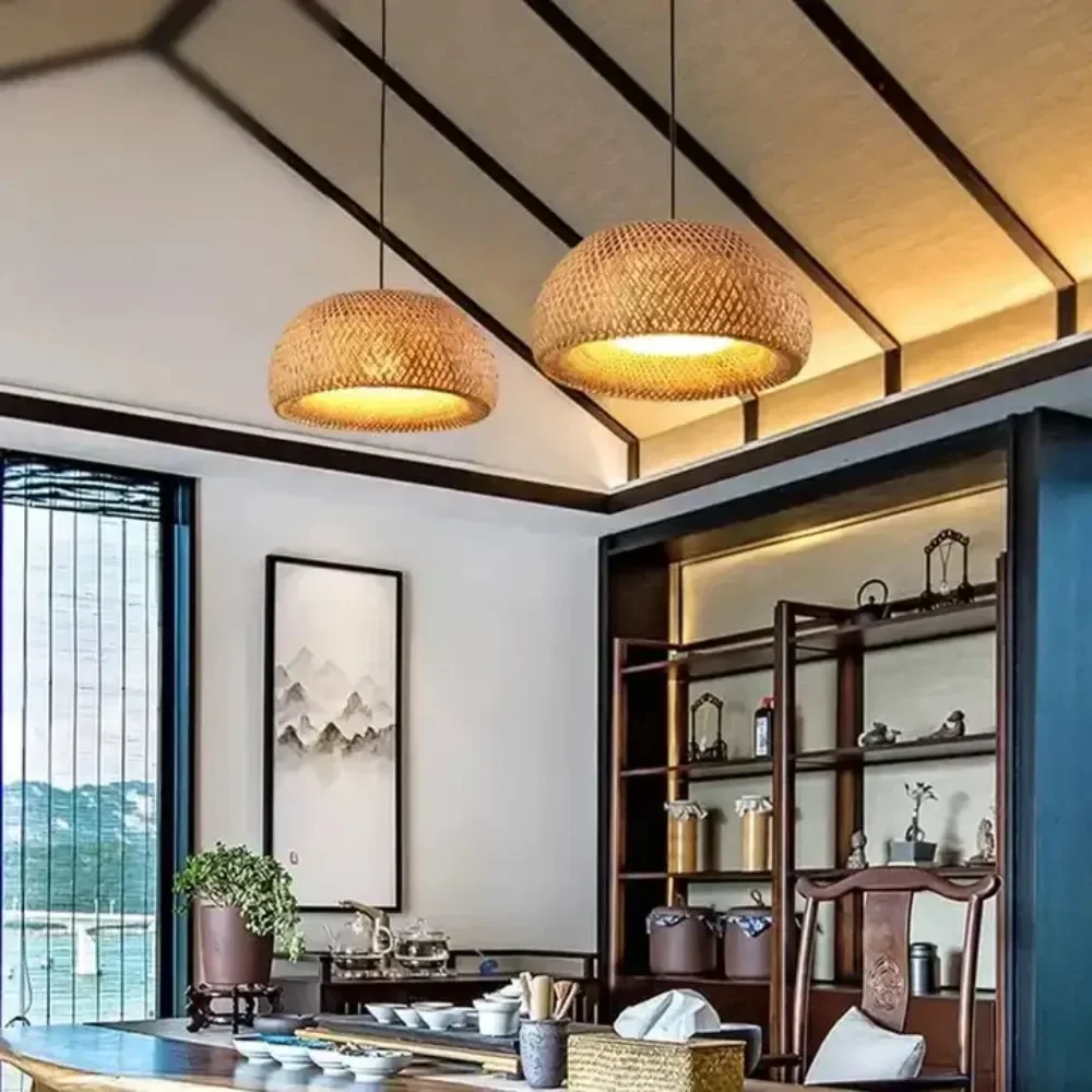 Boho Bamboo Hanging Pendant Light E27 Handmade Woven Craftsmanship Modern Minimalist Home Decor for Restaurant Straw