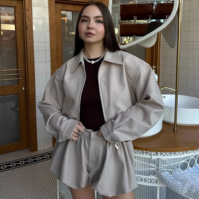 

Ticketsx Fashion Women Short Sets Lapel Zip Jacket Pleated Shorts Skirt New Autumn Vintage Streetwear Party Female Short Sets