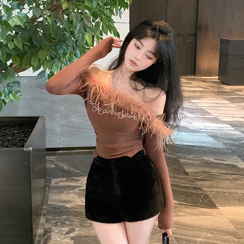 Women's Autumn Irregular Off-shoulder Fur Collar Knitted Top Long Sleeve T-shirt