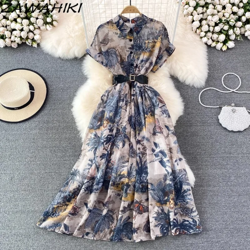 

Women's Dress Temperament Ink Painting Print Femme Robe Bandage Pleated Office Lady Vestidos Casual Button Designer Ropa Mujer