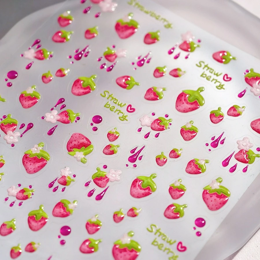 사랑스러운 핑크 크림 딸기 쥬시 과일 꽃 녹색 잎 사랑 하트 귀여운 5D 셀프 접착 네일 아트 스티커 매니큐어 데칼