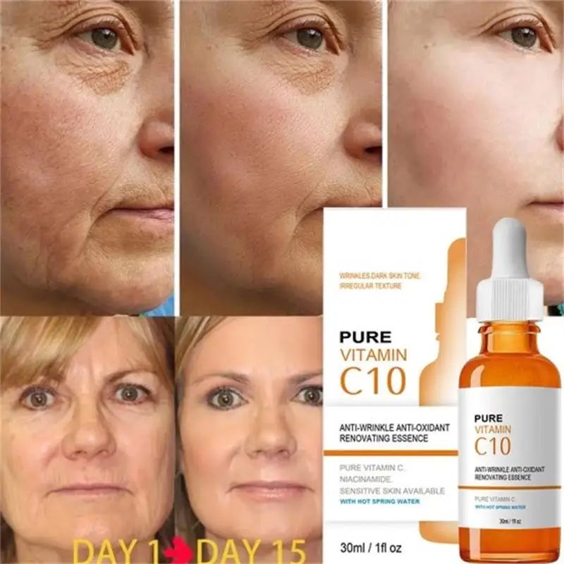 Soro da cara do Anti-enrugamento da vitamina C10, antienvelhecimento, desvanecer-se olho, linhas finas, linhas do pescoço, hidratando, firmando, facial, alvejante, essência