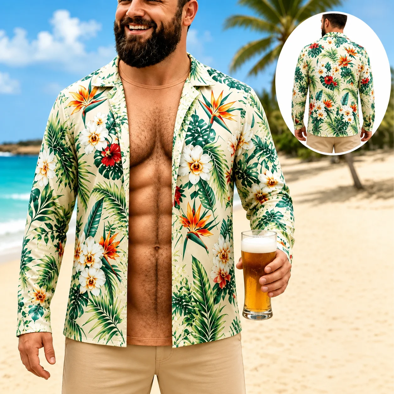 Men Funny Muscle Illusion T-Shirt, 3D Print Fake Open Hawaiian Long Sleeve Tee, Too Hot To Handle Summer Holiday Casual Gift
