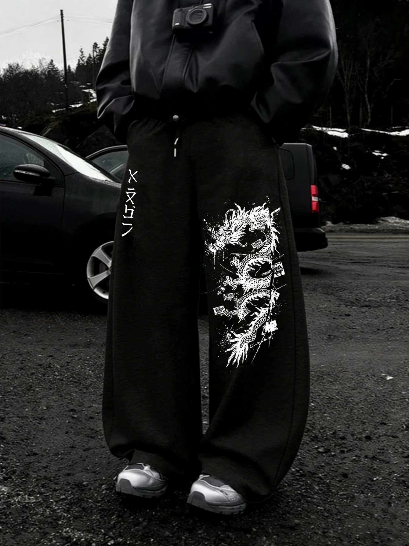 Y2K Men Baggy Sweatpants, Vintage Ink Dragon Japanese Text Asymmetrical Double‑Side Print Drawstring Loose Wide Leg Jogger Pants
