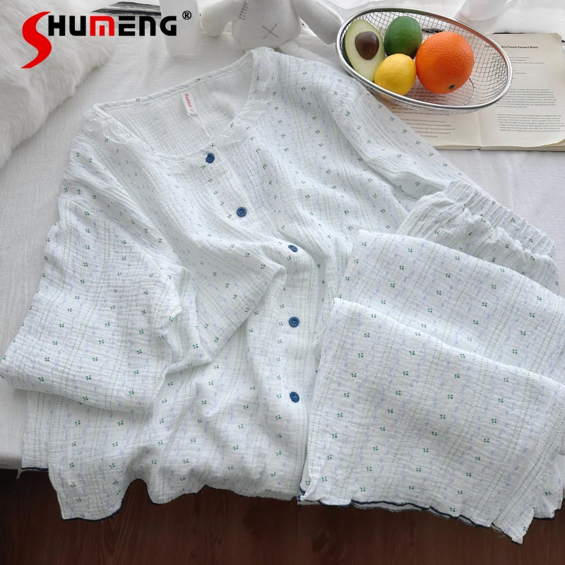 

Cotton Gauze Homewear for Ladies Autumn Printed Pure Cotton Pajamas Two Piece Set Women's Lace Patchwork Loungewear Suits