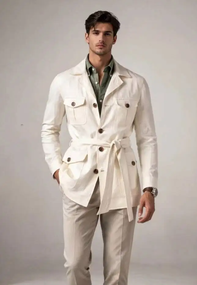 Summer Linen Men Safari Regular Fit Jacket Casual Blazer Notch Lapel Coat Four Flap Pockets Single Breasted Customized