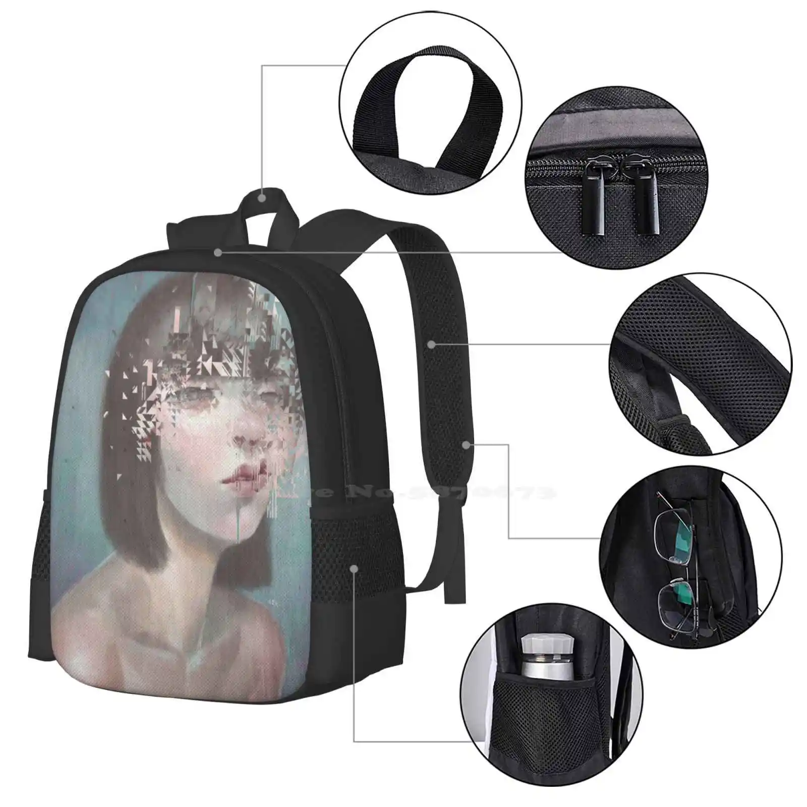 Glitch 02 School Bag Big Capacity Backpack Laptop Glitch Surreal Pop Female Portrait Binary Fracture