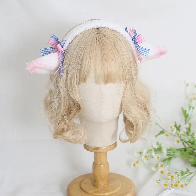 

Lolita Sweet Handmade Lamb Ears Clip Plaid Bow Headband Lamb Baa Hair Accessories Sweet Cochlea KC
