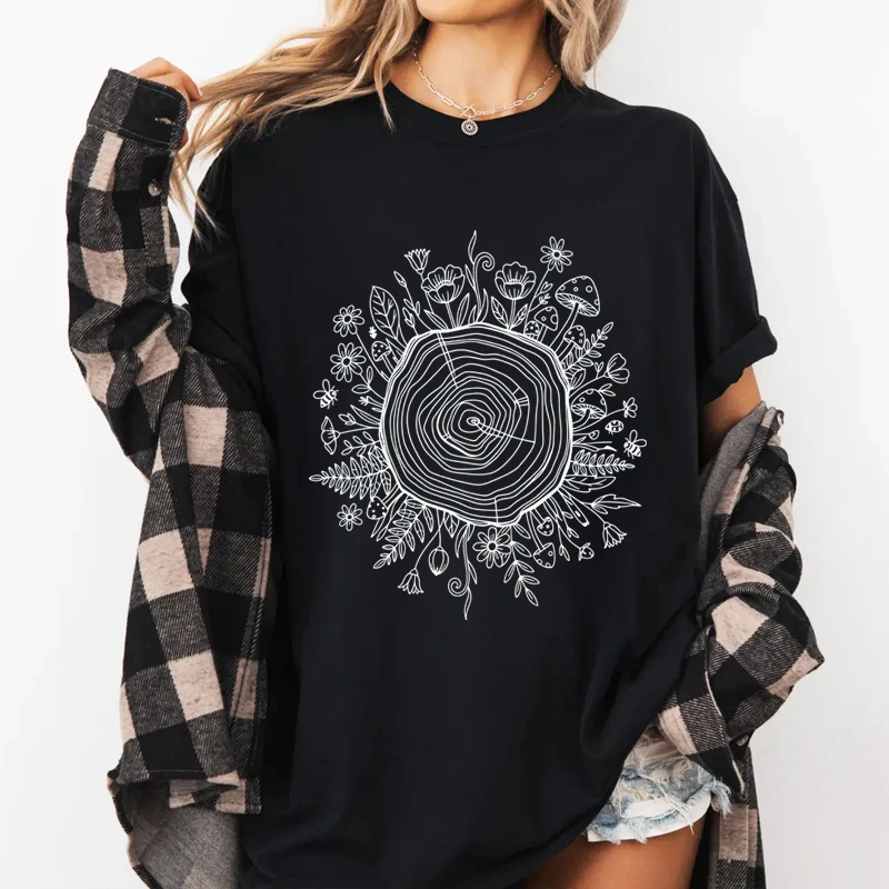 Botanical Tree T-Shirt Tree Ring Art Tee Cottagecore Nature Forest Top, Women Casual Rround Neck Printed T Shirt Unisex Cotton
